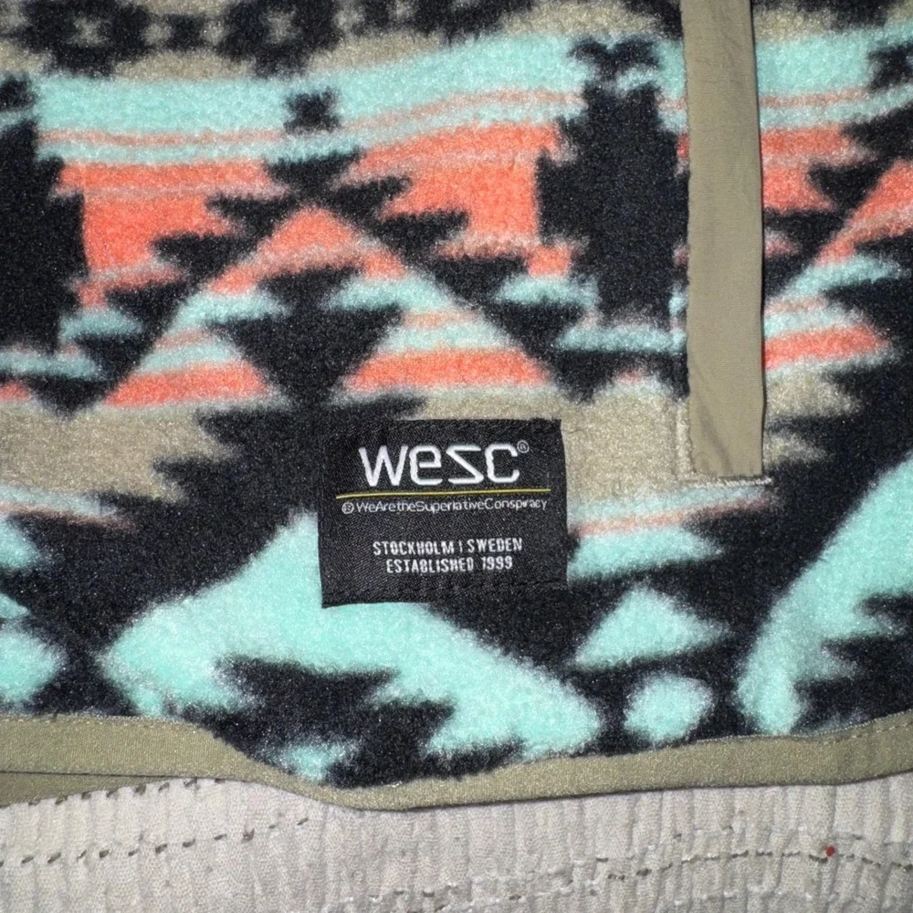 WeSC Mens Large Southwestern Aztec Fleece Full Zip Jacket Teal Orange Geometric